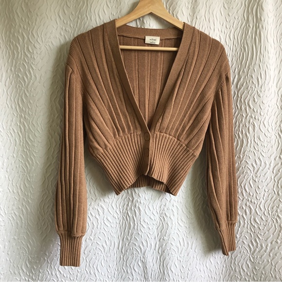 Aritzia Wilfred Tan Plunge Front Cardigan Cropped V-neck Merino Wool Sweater - Picture 2 of 12